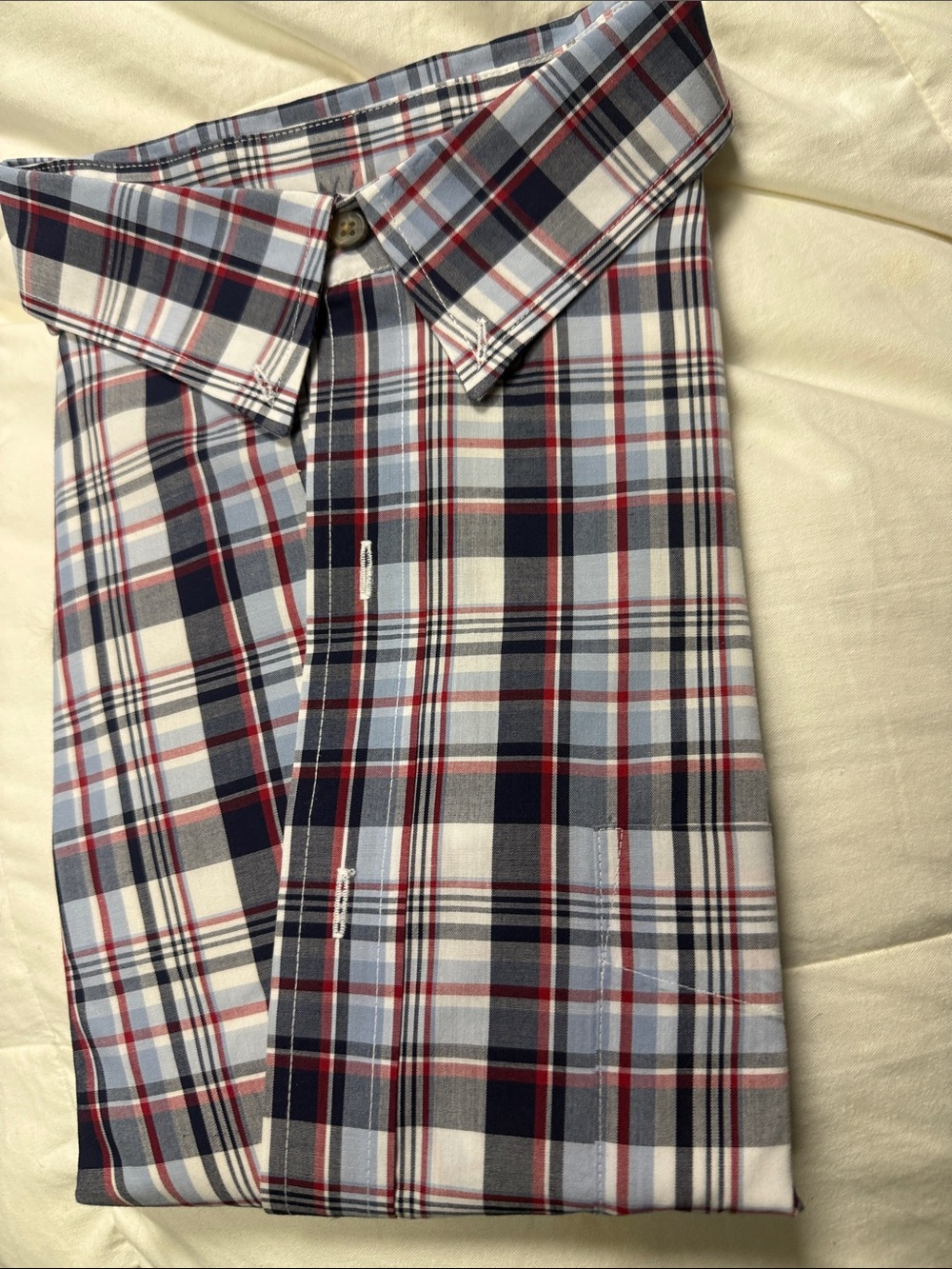 Harbor Bay Men's Plaid Button-Down Shirt in Navy, Light Blue & Red